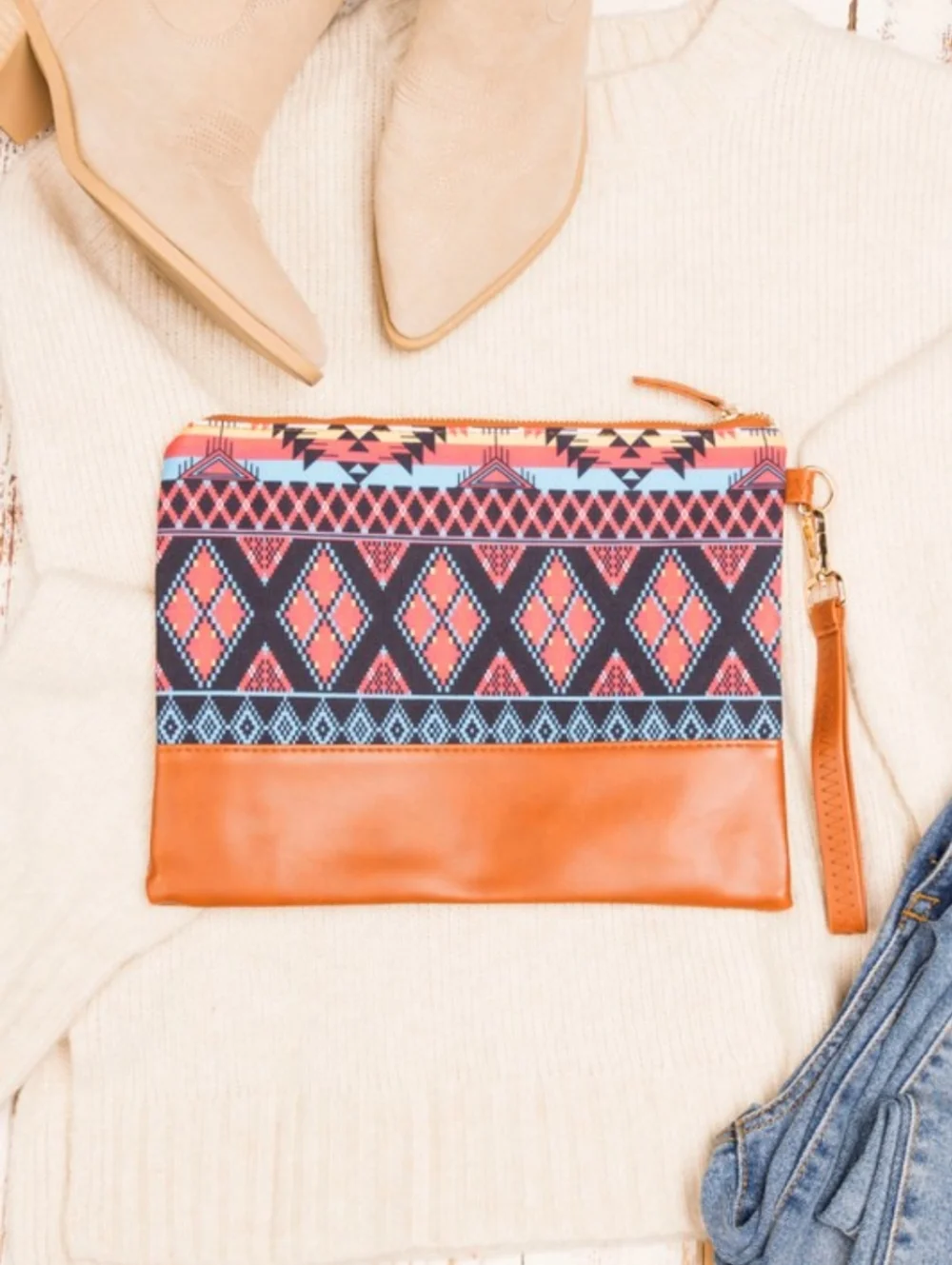 Aztec Western Clutch Wristlet | Blue Black Tribal Print | Vegan Leather Pouch